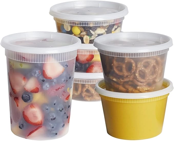 GUSTO To Go Food Containers with Lids [8 oz, 16 oz, 32 oz - 48 Count] - Deli Plastic Food Storage Containers with Lids for Meal Prep, Leftovers, and Freezer Storage - Formerly Comfy Package