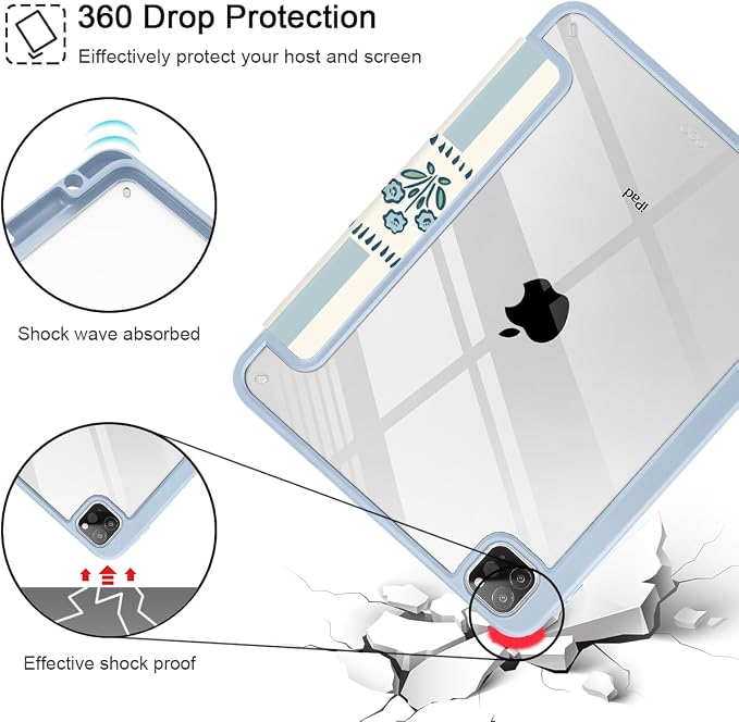 Mektron Case for iPad Pro 11 inch Case M2 2022 Generation 4th Fit 2021 2020 2018 iPad Pro 11 (3rd 2nd &amp 1st Gen) -Buit in Pencil Holder with Shockproof Cover Clear Shell Blue Bows &amp Flower
