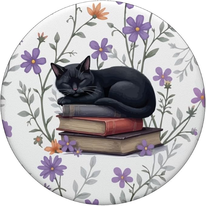 Reading Cat Purple Flower Floral Book Lover Librarian PopSockets PopGrip for MagSafe