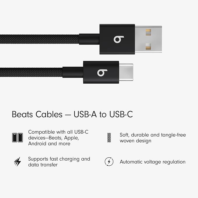 Beats 240W USB-C to USB-C Braided Cable Fast Charging Durable/Tangle Free Compatible with Apple and Android Devices (3 m/10 ft) – Bolt Black