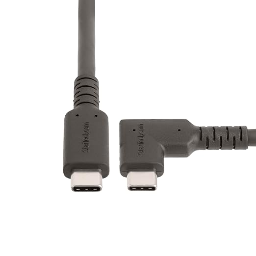 StarTech 6.6ft/2m Right-Angled USB-C Cable 5Gbps 100W PD 4K 60Hz Black | DisplayPort Alt Mode Thunderbolt Compatible Rugged Aramid Fiber E-Marker Chip