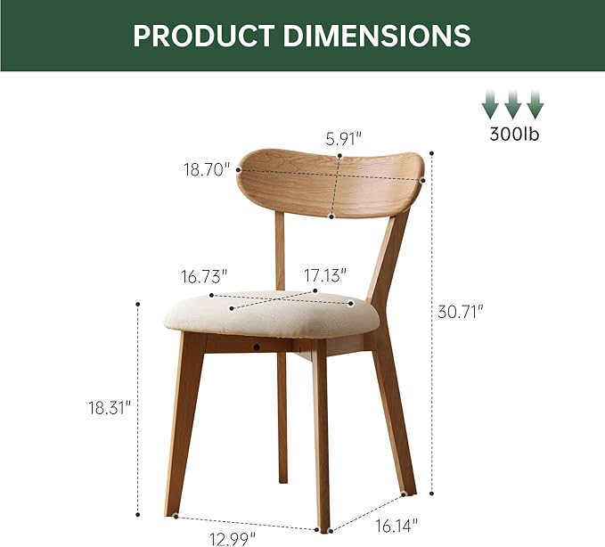 100% Solid Wood Upholstered Dining Chairs, Mid Century Modern Oak Dining Chairs with Curved Back Design with Butterfly Wing Shape for Kitchen, Dining Room, Restaurant (1PK, Log Color-Beige Cushion)