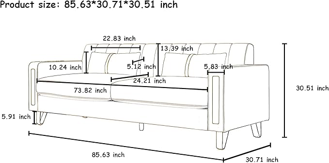 Couch 85.62" 3 Seats Sectional Velvet Fabric Sofa Easy Assemble Sofa Bed with 2 Couch Pillows,Gold Metal Legs for Living Room (P17, Blue)