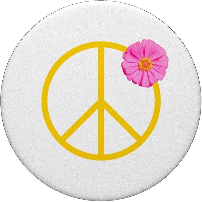 Pretty Pink Flower on Yellow Peace Sign PopSockets Adhesive PopGrip