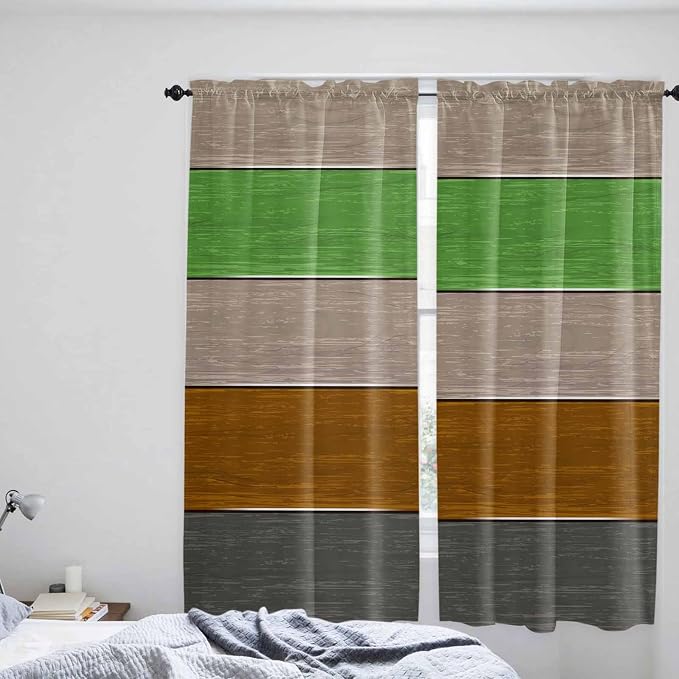Farm Gray Green Brown Wood Grain Window Valance Curtains, Rustic Wooden Plank
