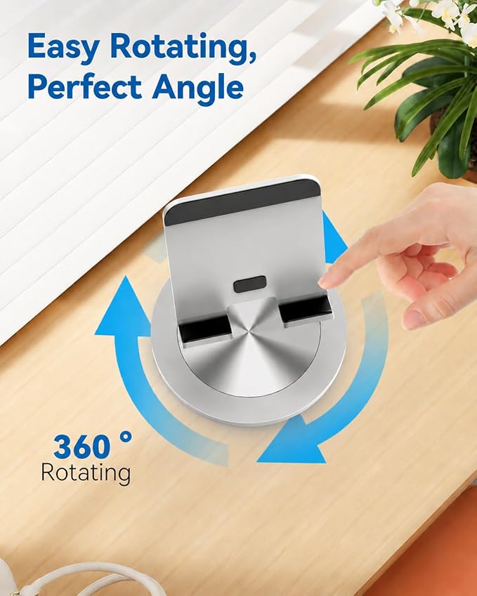 Phone Stand for Desk 360° Rotating Dual Adjustable Foldable Cell Phone Holder Heavy Solid All-Aluminum Base Anti-Slip Stable Support for Home Office Study Fits iPhone Galaxy 4-8 Phones