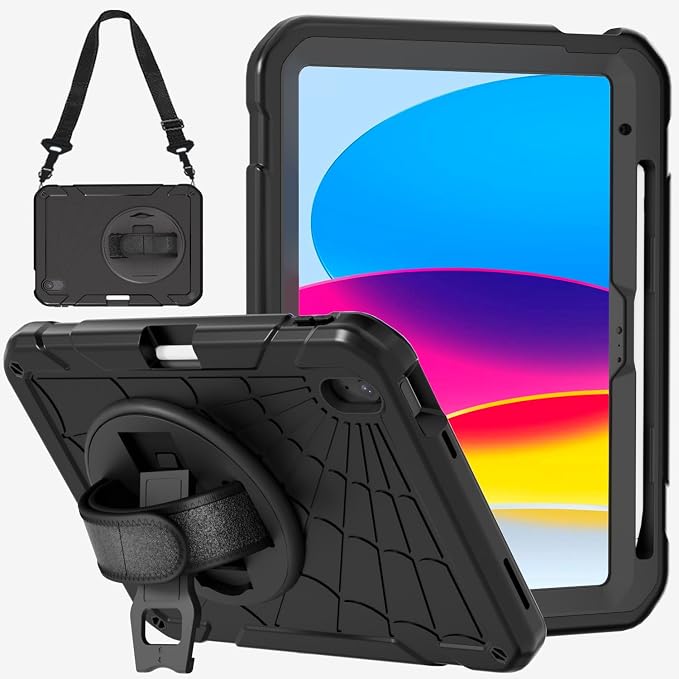 for iPad (A16) 11th/10th Generation Case 2025/2022 (11″/10.9″) Sturdy Heavy Duty Full-Body Shockproof Protective Case Rotating Stand Hand/Shoulder Strap (Black)