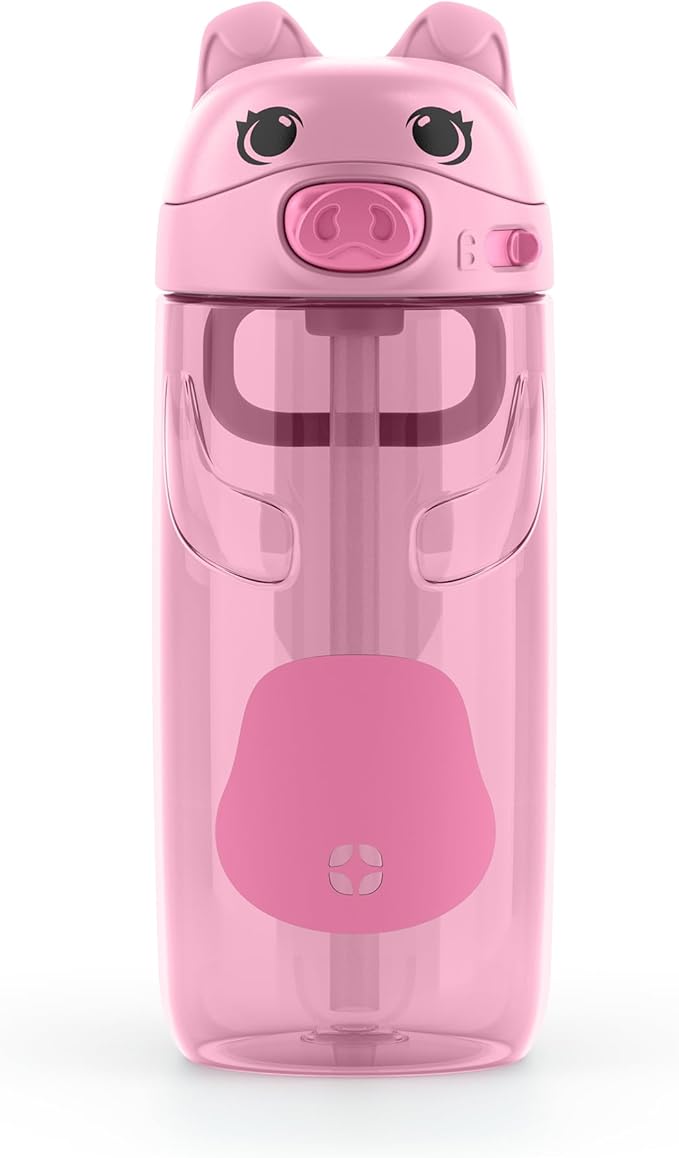 Ello Ellies 16oz Plastic Kids Water Bottle with Straw and Built-in Carrying Handle and Leak-Proof Locking Lid for School backpack, Lunchbox and Outdoor Sports, Pig
