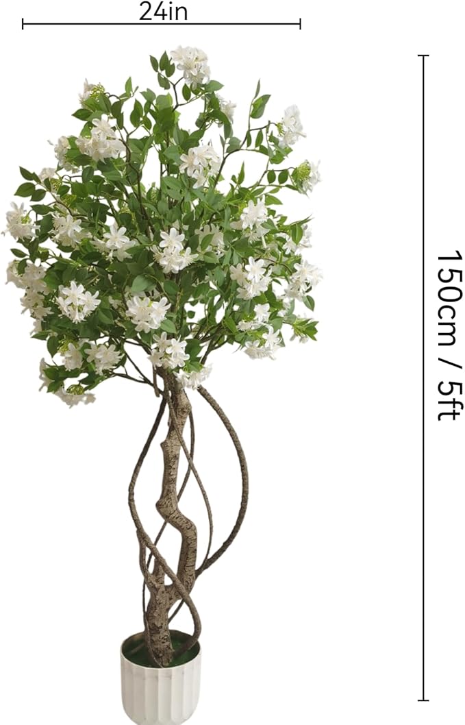 Artificial White Flower Tree 5FT Tall Faux Floral Plant with Green Leaves - No Maintenance Indoor Outdoor Home Office Porch Decor Housewarming Gift (1 Pack)