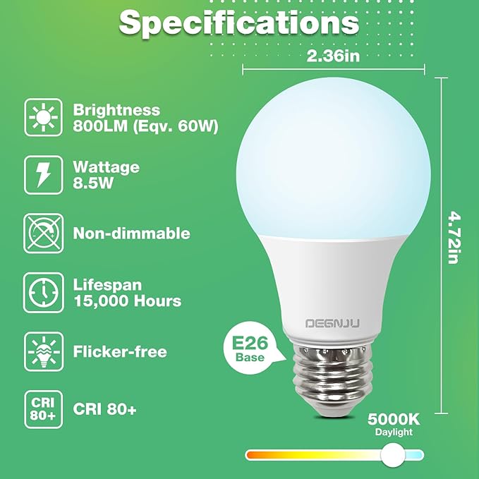 A19 LED Light Bulbs Daylight 5000K, 60 Watt Equivalent LED Bulbs, 800 LM, 15000 Hours, E26 Standard Base, Non-Dimmable, 8.5W Bright White LED Bulbs for Bedroom Living Room Home Office, 3 Pack