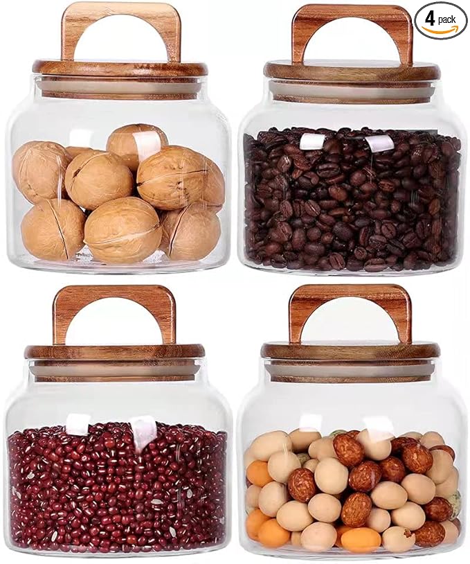 SAIOOL Glass Jars with Airtight Lid [Set of 4],Kitchen Canisters, Borosilicate Storage Containers,Retro Design, jars for Candy,Cookie,Rice,Sugar,Flour, Flour,Pasta,Nuts and Spice Jars