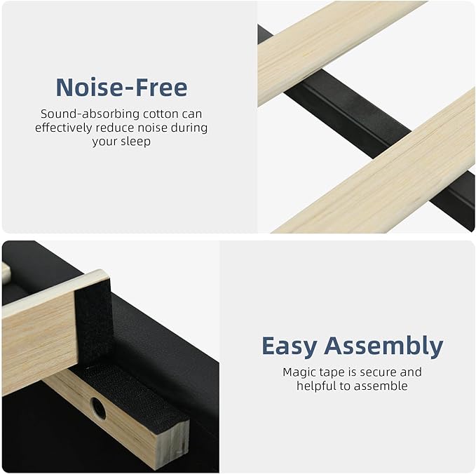Queen Bed Frame with LED Lights and Headboard, Modern Upholstered Faux Leather Platform Bed with Wooden Slats Support, No Box Spring Needed, Easy Assembly, Black