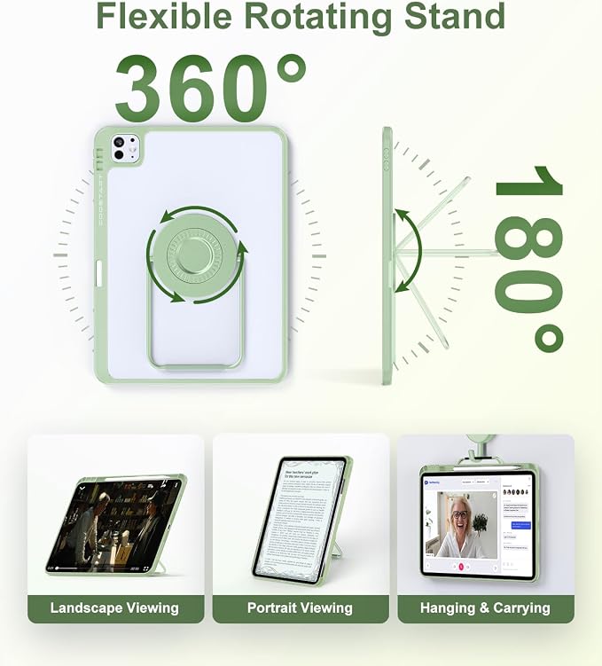 Rotating Case for iPad Pro 11 inch 2024 5th Generation (M4) with Pencil Holder 360 Degree Rotating Stand for Portrait/Landscape/Hanging Modes Ultra-Light Protective Case with Stable Stand Green