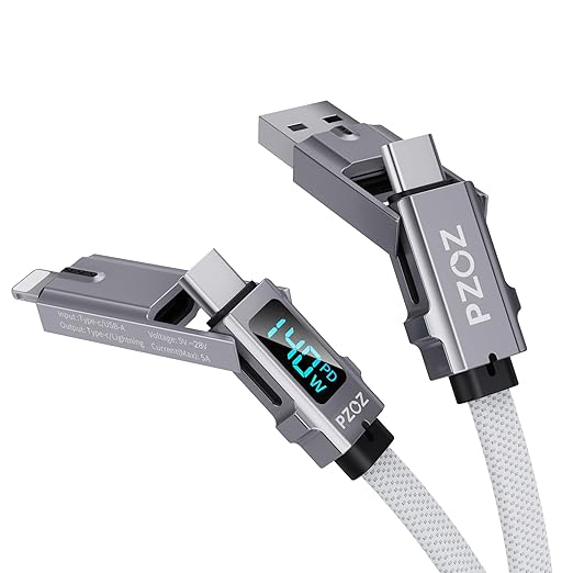 pzoz 4-in-1 Multi Charging Cable with LED Display One Cable for USB-C &amp Lightning Devices 60W Fast Charging Cord USB A/C to USB C/Lightning for iPhone 17/16/15 iPad MacBook Samsung(5 ft)