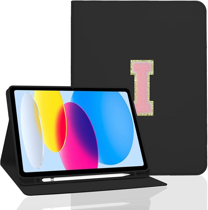 for iPad 9th Generation 10.2 Inch 2021/2020/2019 Case Initial Chenille Letter Suture Personalized for iPad 9th/8th/7th Generation Case with Auto Sleep/Wake Pencil Holder (Black A)