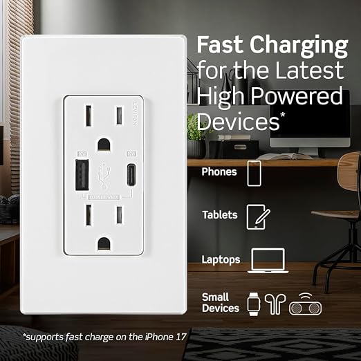Leviton 30W (6A) USB Dual Type-C/C Power Delivery In-Wall Charger with 15A Tamper-Resistant Outlet USB Charger for Smartphones Tablets Laptops T5635-E Black