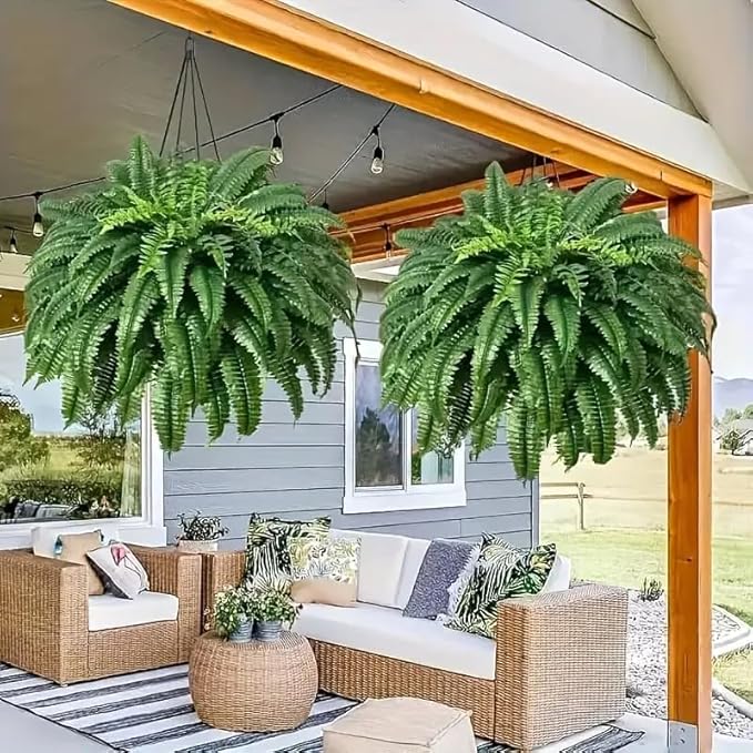 21in Ferns Artificial Bush Plants Large, 3 Artificial Boston Ferns with 54 Fronds for Home Garden Office Porch