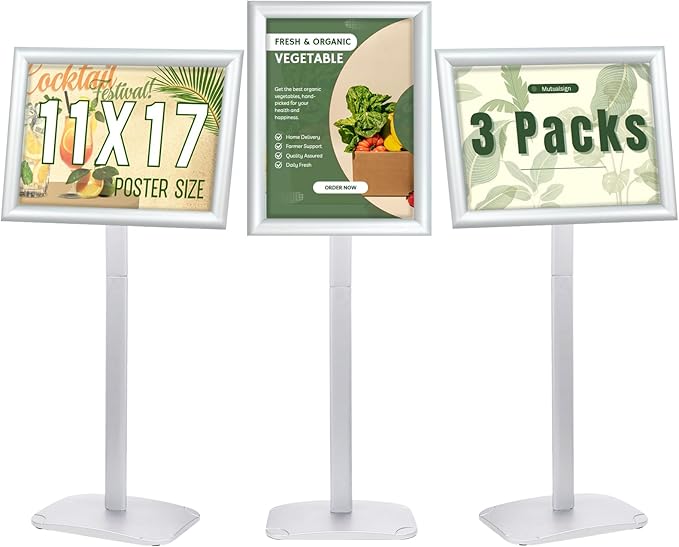 Mutualsign 3Pcs Heavy Duty Pedestal Sign Holder for Display, 11 x 17 inches Adjustable Floor Standing Sign Holder with Weighted Base , Sign Stand for Indoor/Outdoor Advertising，Silver