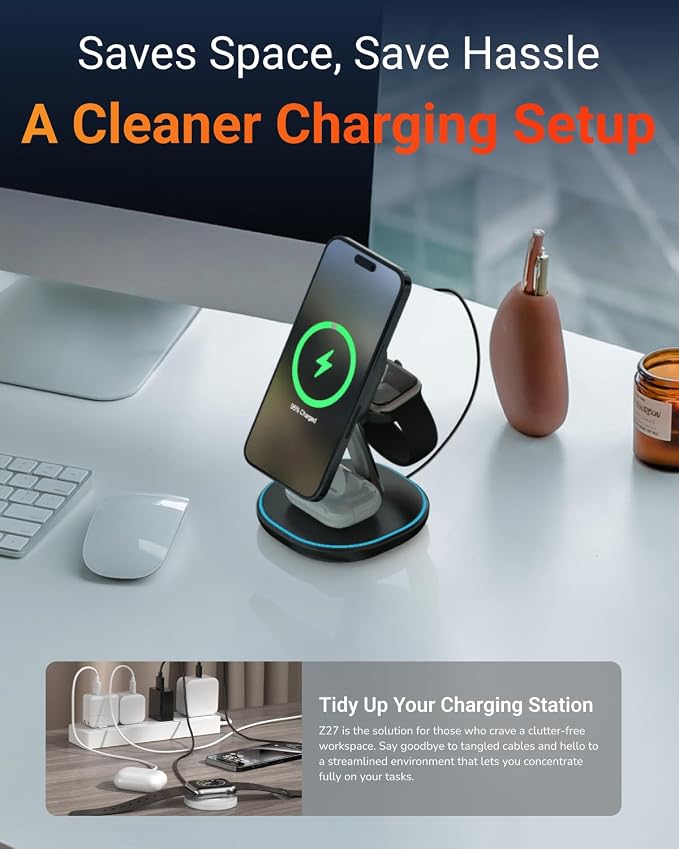 M.A.D LAB Qi2 Wireless Charger 3 in 1 Charging Station for Multiple Devices - MagSafe Compatible LED Light 15W Fast Charging Station for iPhone Android Phones Apple Watch and AirPods (No Adapter)