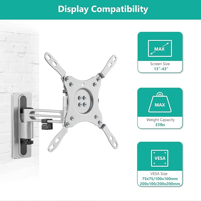 WALI RV TV Mount, Lockable TV Wall Mount for Camper Trailer Motor Home with Extra Wall Plate, Full Motion Anti-Vibration Arm for 13-43 inch LED, LCD Flat Screens and Monitors, up to 33lbs (1343LK-P)