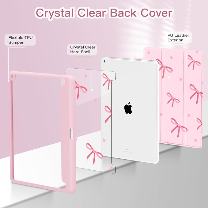 Teryeefi for iPad 10.2 case 2021 20202019 Release 7th 8th 9th Generation Built in Pencil Holder - Stand-Auto Wake/Sleep TPU &amp Hard Stand Clear Back Cover for 10.2 iPad (Black Bow)