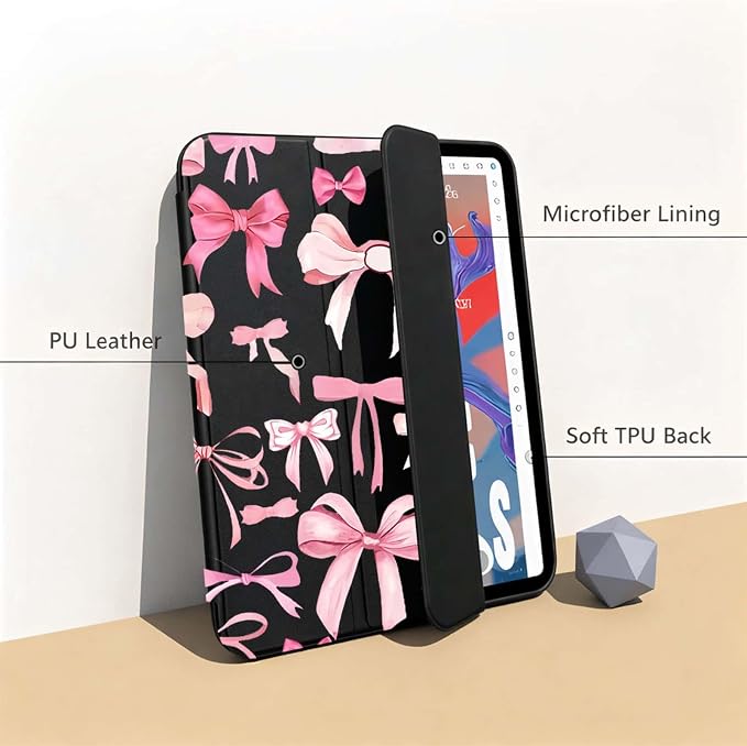 for iPad A16 11 Inch 2025 /for iPad 10th Generation 10.9 Inch 2022 Cute iPad Black Case with Pencil Holder-[Auto Wake/Sleep] Trifold Stand Soft TPU Protective Cover Pink Bows