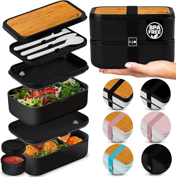 KARRICO Double Premium Bento Box Adult, 67 fl oz BPA-Free - Black Stackable Lunch Box with Leak-Proof Lids & Dividers, Perfect for Meal Prep, Lunches & Portion Control