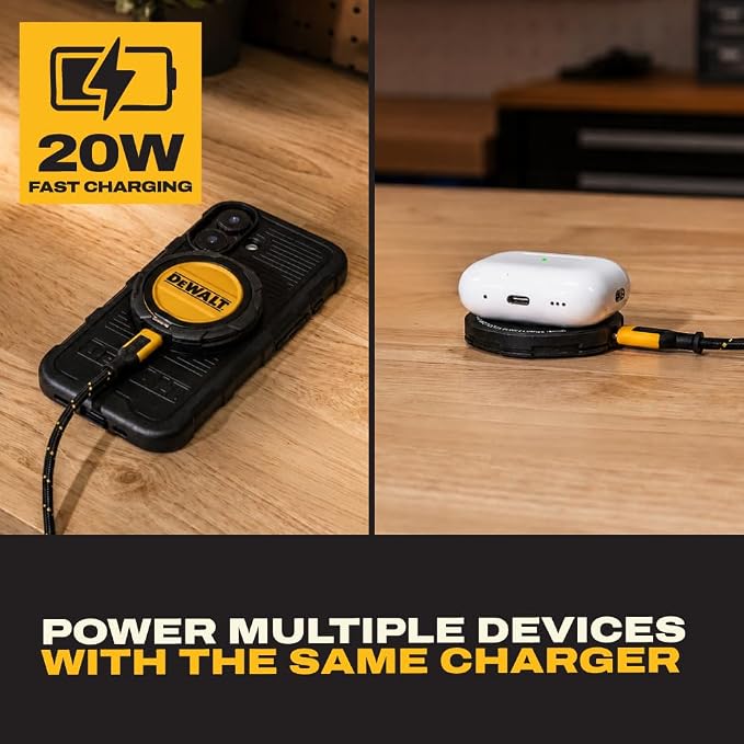 DEWALT Heavy Duty Wireless Charger 15W Max Cell Phone Charger | Wireless Charging Pad for MagSafe Compatible iPhone 17/16/15/14/13/12 Plus Pro Max Includes Wall Mounting Plate