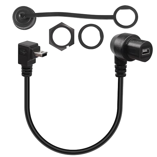 QIANRENON 90 Degree Angle Mini USB Panel Flush Waterproof Extension Cable Mini USB 5 Pin Right Angle Male to Female Panel Mount Cable Threaded to Dashboard or Panel28cm/11in (Down Bend)