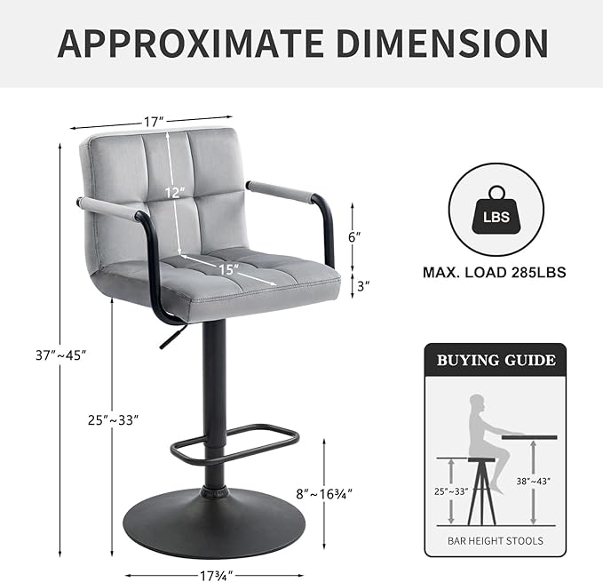 Furnimart Adjustable Bar Stool Swivel Barstools Set of 4 Counter Stools with Armrest and Footrest Upholstered Bar Chairs for Kitchen and Dining Room