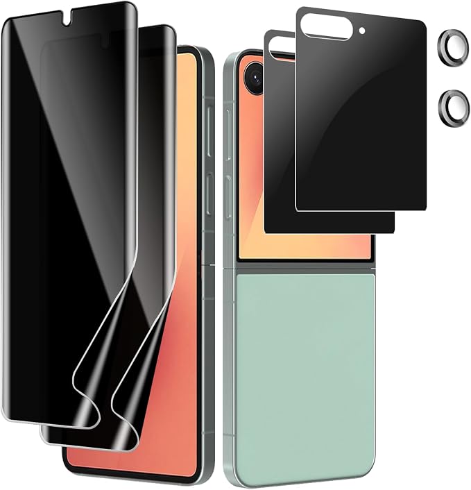 [6 Pack] for Samsung Galaxy Z Flip 6 Privacy Screen Protector 2 Pack Internal Anti-Spy Film + 2 Pack Outer Privacy Glass Screen Protector + 2 PCS Metal Camera Lens Protector Anti-Spy Case Friendly