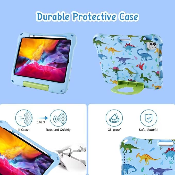 Dinosaur iPad Air 4 5 6 11 inch 2024 Case for Kid Boy Light EVA Kids Friendly iPad Air 4th 5th 6th Gen Case with Handle Kickstand Kids Pro Shockproof Full Cover Boy's Gift (KL) Blue