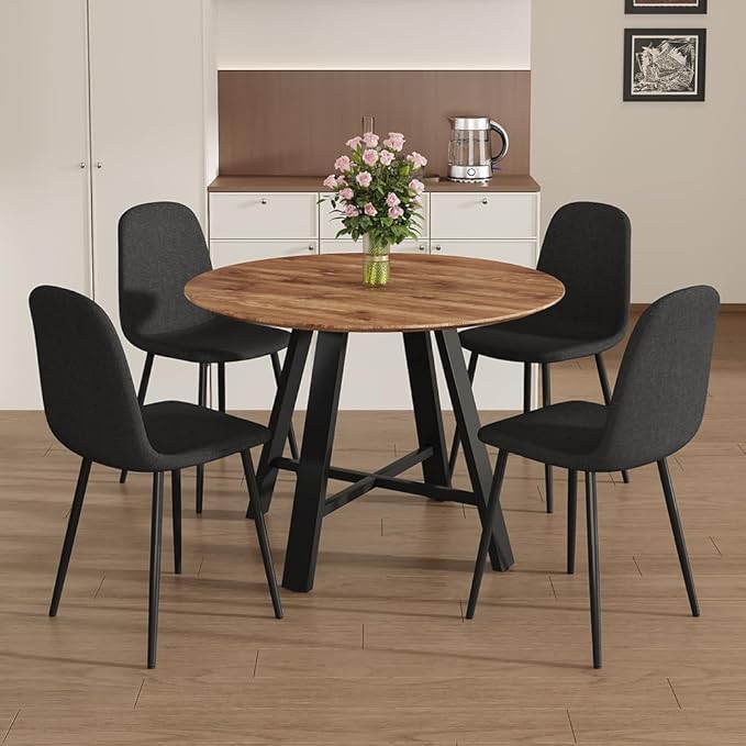 Round Dining Table Set for 4, Modern Kitchen Dining Table Chairs Set for 4, 42" Wood Dining Room Table Set & 4 Upholstered Chairs for Kitchen Living Office Cafe Small Space