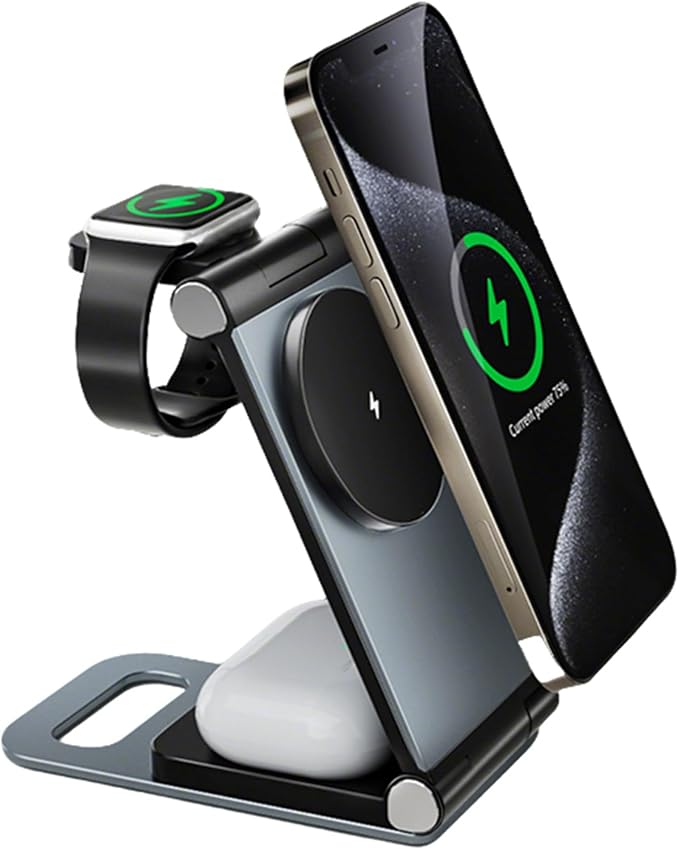 3 in 1 Foldable Wireless Charger Fast Charging Station for Multiple Devices Smart Watches Wireless Earbuds Portable Travel Wire(Gray)