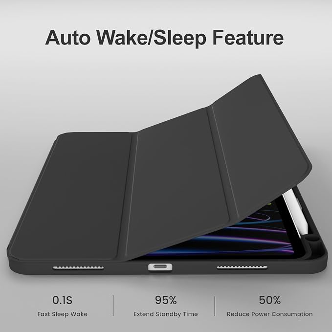 Case for iPad Pro 11 Inch 4th/3rd/2nd Generation 2022/2021/2020 | Slim Soft TPU Back Cover with Pencil Holder Three-Stage Folding Support Pencil Charging Auto Sleep/Wake Black