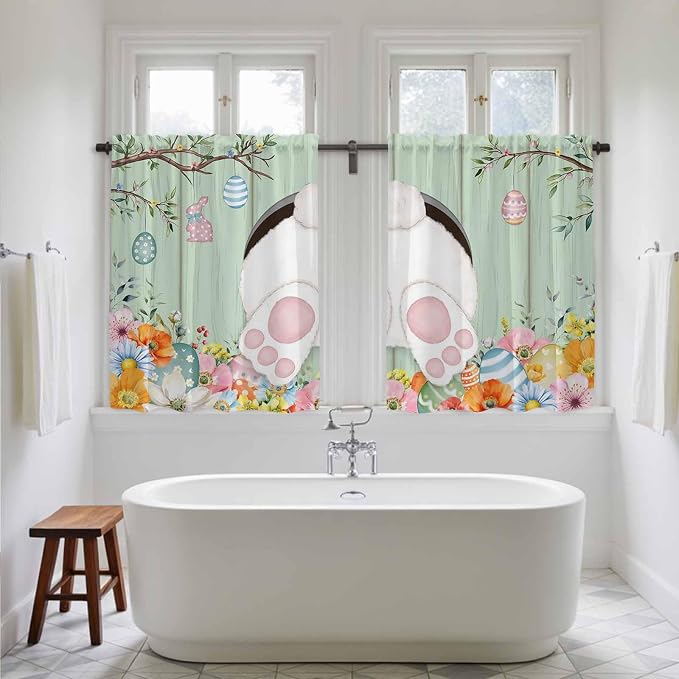 Easter Kitchen Curtains 45 Inch Long 2 Panel Set, Rod Pocket Window Treatment
