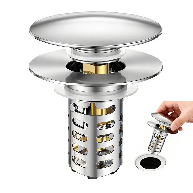 HUAERSICO Pop Up Bathroom Sink Stopper, Universal Bathroom Sink Drain Strainer with Hair Catcher, for 1.1"-2.17" Drains, Brass Core & Stainless Steel Mesh
