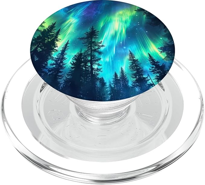 Aurora Northern Lights Pine Tree Teal Mountain Forest Nature PopSockets MagSafe PopGrip for iPhone