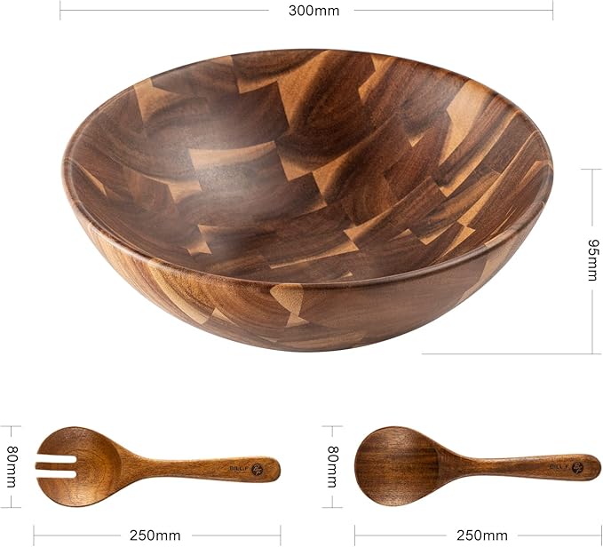 BF BILL.F SINCE 1983 Wooden Salad Bowl 12'' Acacia Wood Salad Bowls Set Large Salad Serving Bowl for Fruits Mixing Bowl with Servers-3-Piece Big Salad Bowl Set