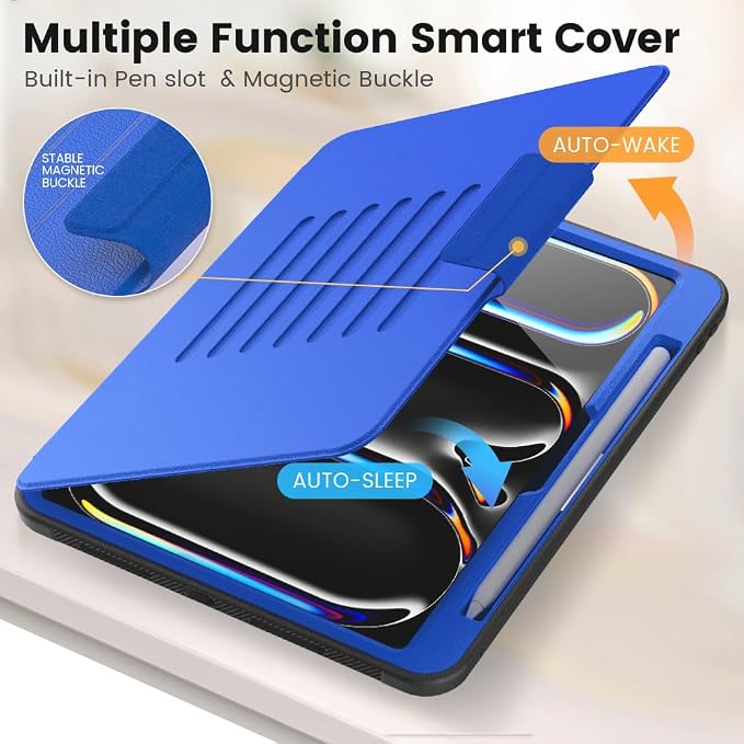 for iPad Pro 11 inch Protective Case M5 2025/M4 2024: Heavy Duty Shockproof Case with Pencil Holder - 360°Rotating Handle/Stand - Screen Protector - Shoulder Strap Black/Sky Blue