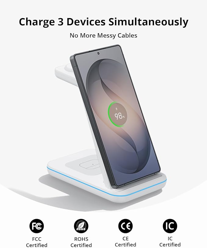 Wireless Charger for Samsung&ampAndroid: JoyGeek 3 in 1 Charging Station for S26/S25/S24/S23/S22/S21/S20/Note20/Z Fold&ampFlip Galaxy Watch8/7/6/5/4/3/Active2/1 Buds 3 Pro