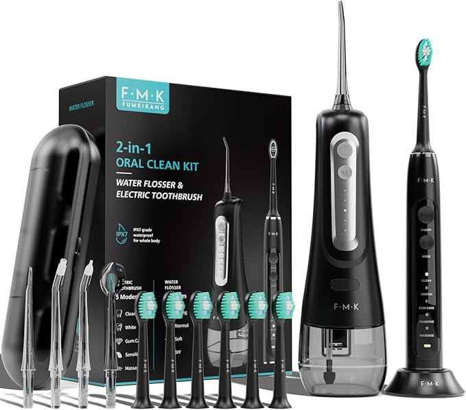FUMEIKANG Water Flosser & Electric Toothbrush for Adults Oral Irrigator & Sonic Toothbrush 2-1 Oral Clean Kit (Black)