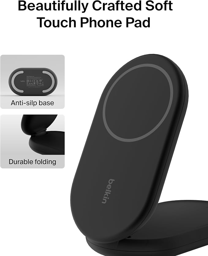 Belkin Qi2 15W Magnetic Wireless Charger 2 in 1 Foldable Non-Slip | MagSafe compatible iPhone 16 Apple Watch Samsung Galaxy S25 compatible power adapter included