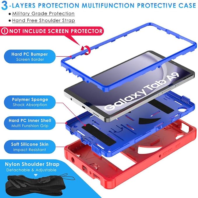 DETUOSI Case for Samsung Galaxy Tab A9 8.7 2023 Tablet (SM-X110/X115/X117) with Shoulder Strap3-Layers Hybrid Heavy Duty Full-Body Shockproof4-Angles Viewing Protective Cover