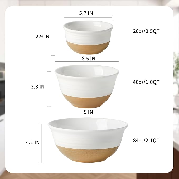 HASENSE Serving Bowls,Ceramic Mixing Bowls, Large Salad Pasta Bowls Set, 2.1/1.0/0.5 Qt for Entertaining, White Nesting Batter Bowls for Prepping Baking, Dishwasher Microwave Safe, Set of 3