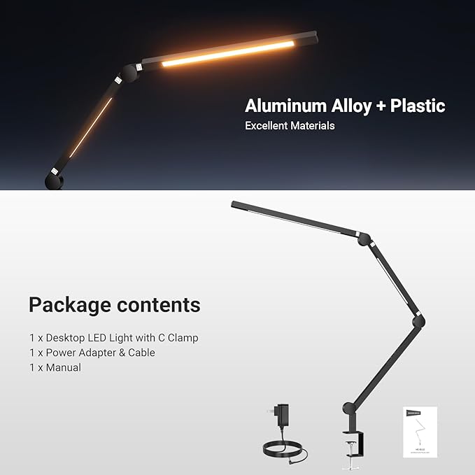 NEEWRE Basics 12W 42.5" Clip On LED Lamp with Dual Light Bar, CRI95+ Bi Color Aluminum Alloy Table Architect Light Dimmable for Home Office Monitor Computer Video Conference Desk Drafting, ME-DL02