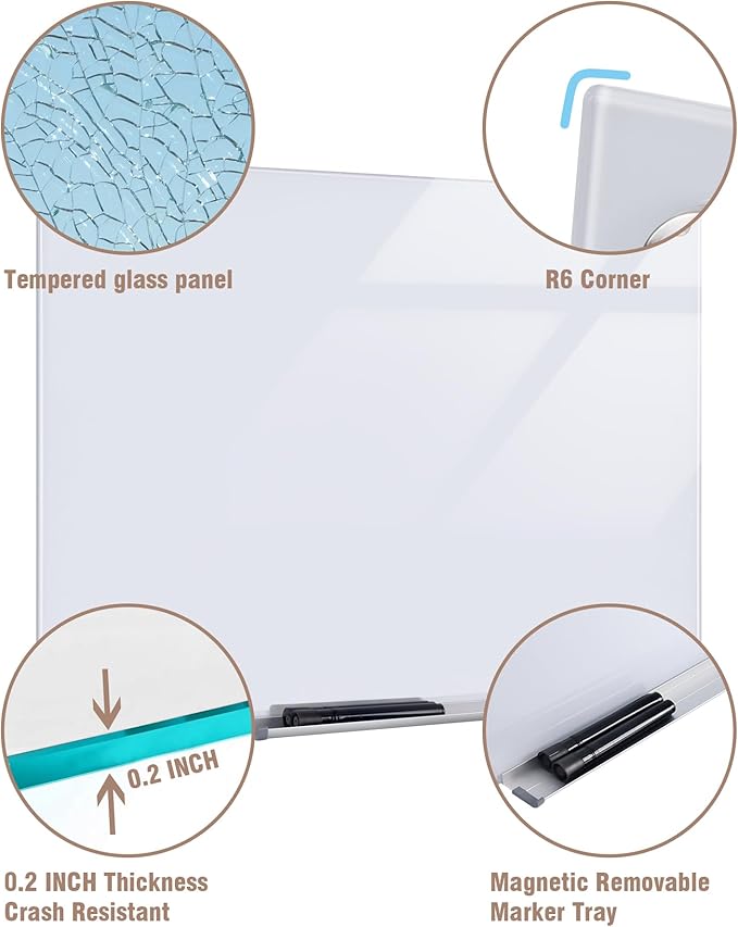 Mifuro Magnetic Glass Whiteboard，36"x24" Wall Mounted Frameless Dry Erase Board for Office, Home & School Ultra White