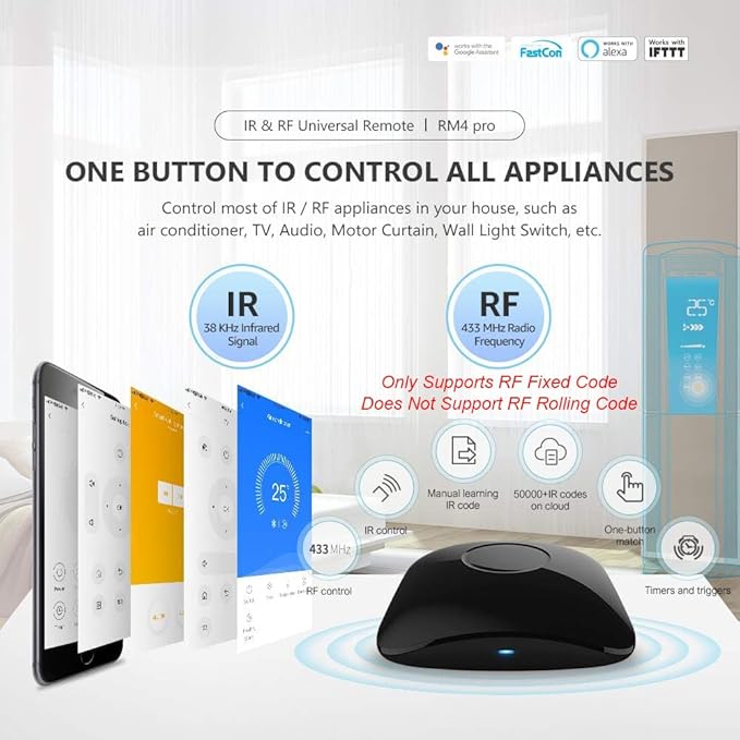 BroadLink RM4 pro IR and RF Universal Remote, All in One Hub Code Learning Wi-Fi Remote Control for TV Air Conditioner STB Audio, Curtain Motor, Works with Alexa, Google Home, IFTTT