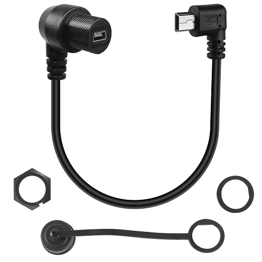 QIANRENON 90 Degree Angle Mini USB Panel Flush Waterproof Extension Cable Mini USB 5 Pin Right Angle Male to Female Panel Mount Cable Threaded to Dashboard or Panel28cm/11in (Down Bend)