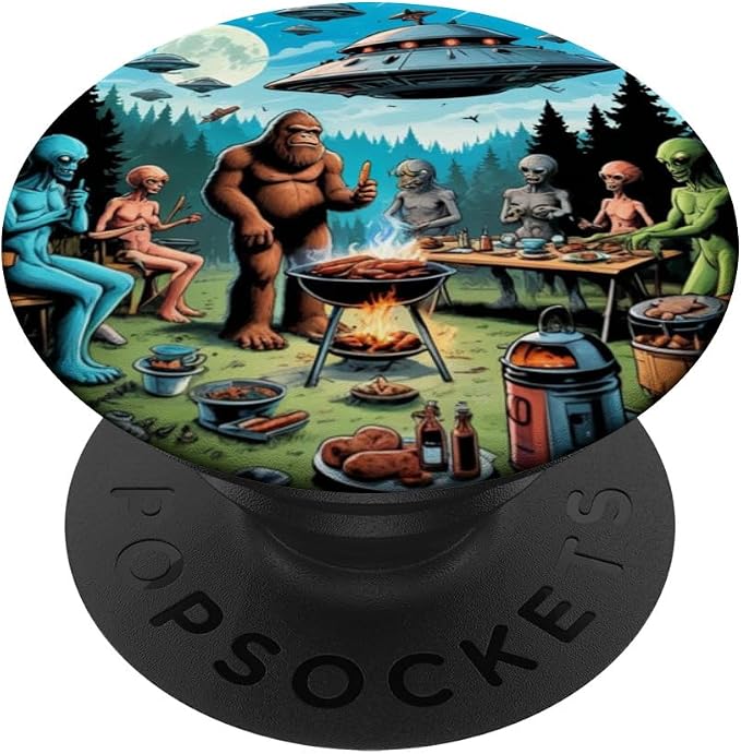 Alien and Bigfoot BBQ UFO Illustration Print PopSockets PopWallet for MagSafe